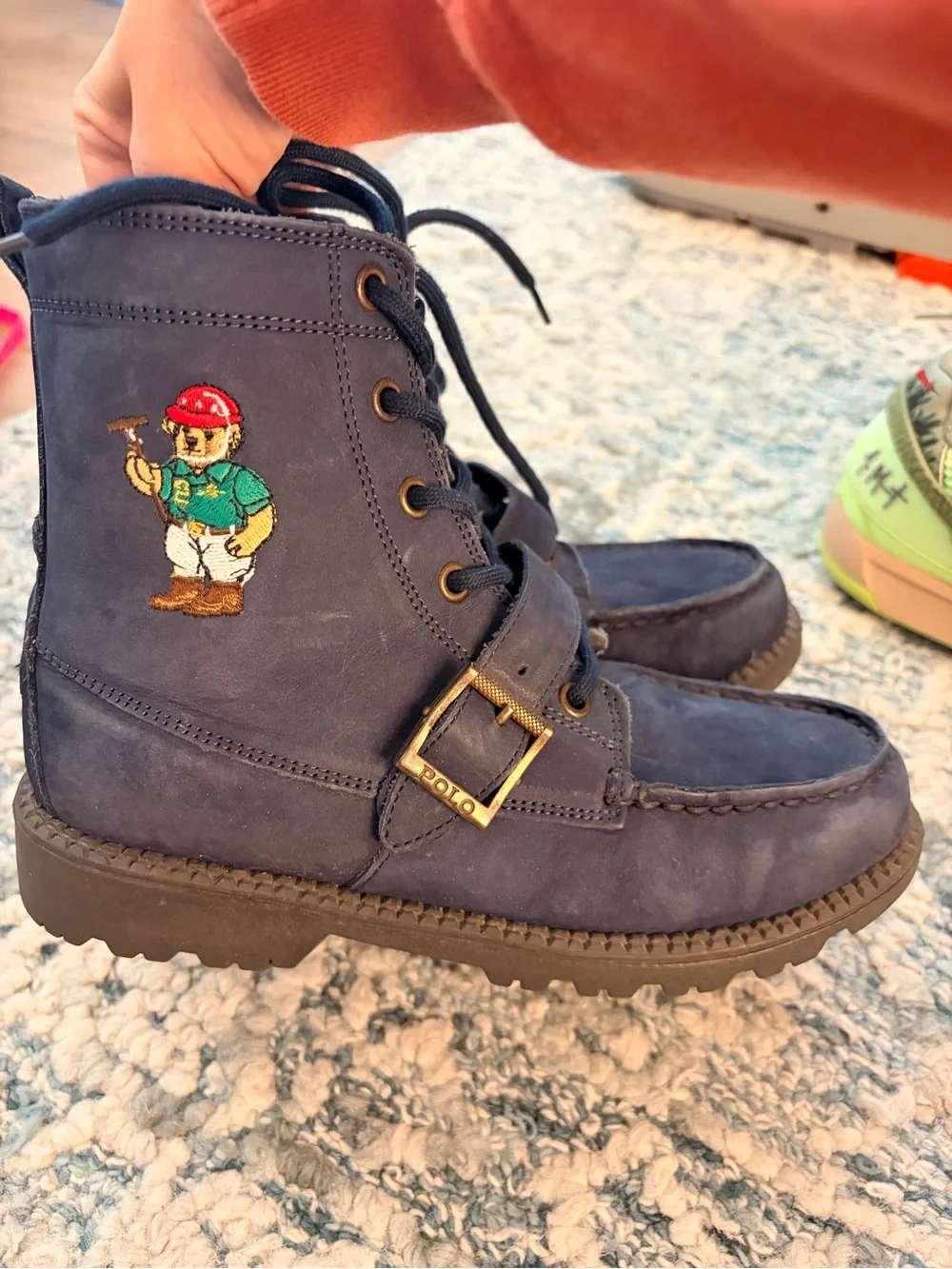 Ralph Lauren Polo Bear Ranger HI II Boy Boots Navy Suede Mallet Bear Size 4